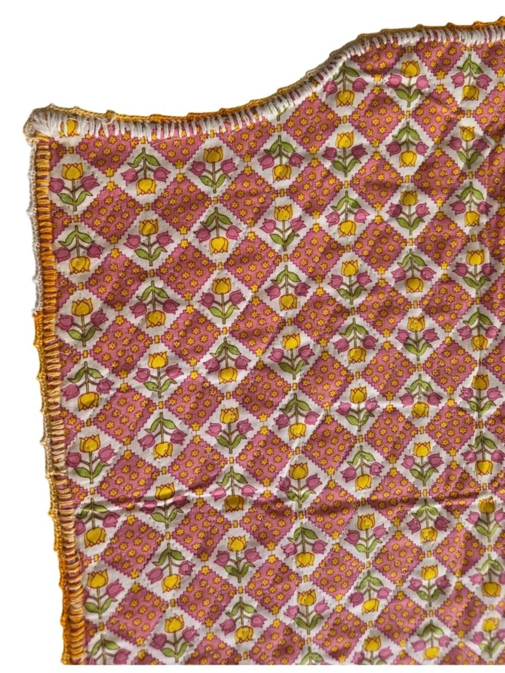 Vtg Hand-Stitched Quilted Nursery Blanket Tulip Pattern Retro Cotton Floral